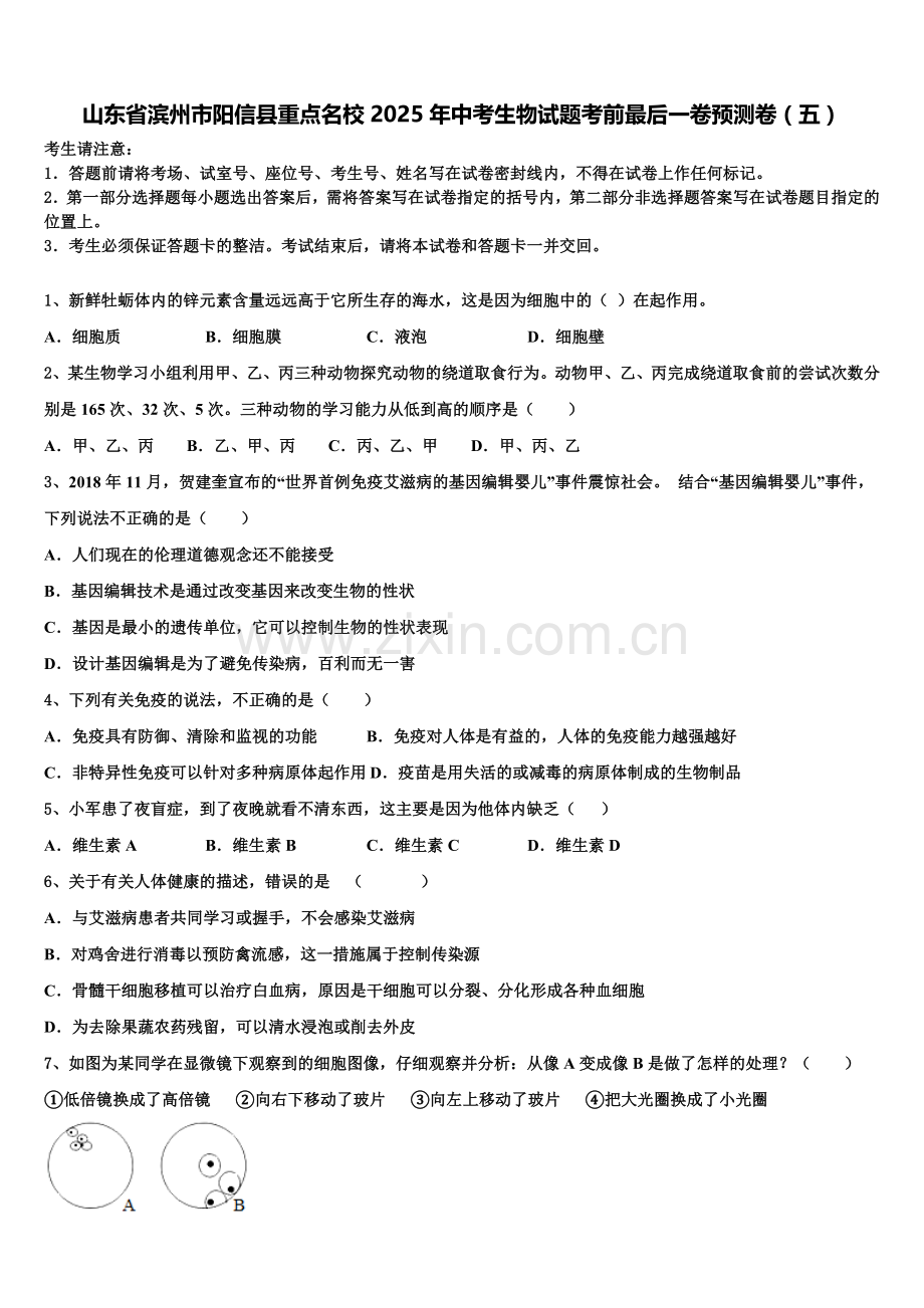 山东省滨州市阳信县重点名校2025年中考生物试题考前最后一卷预测卷（五）含解析.doc_第1页