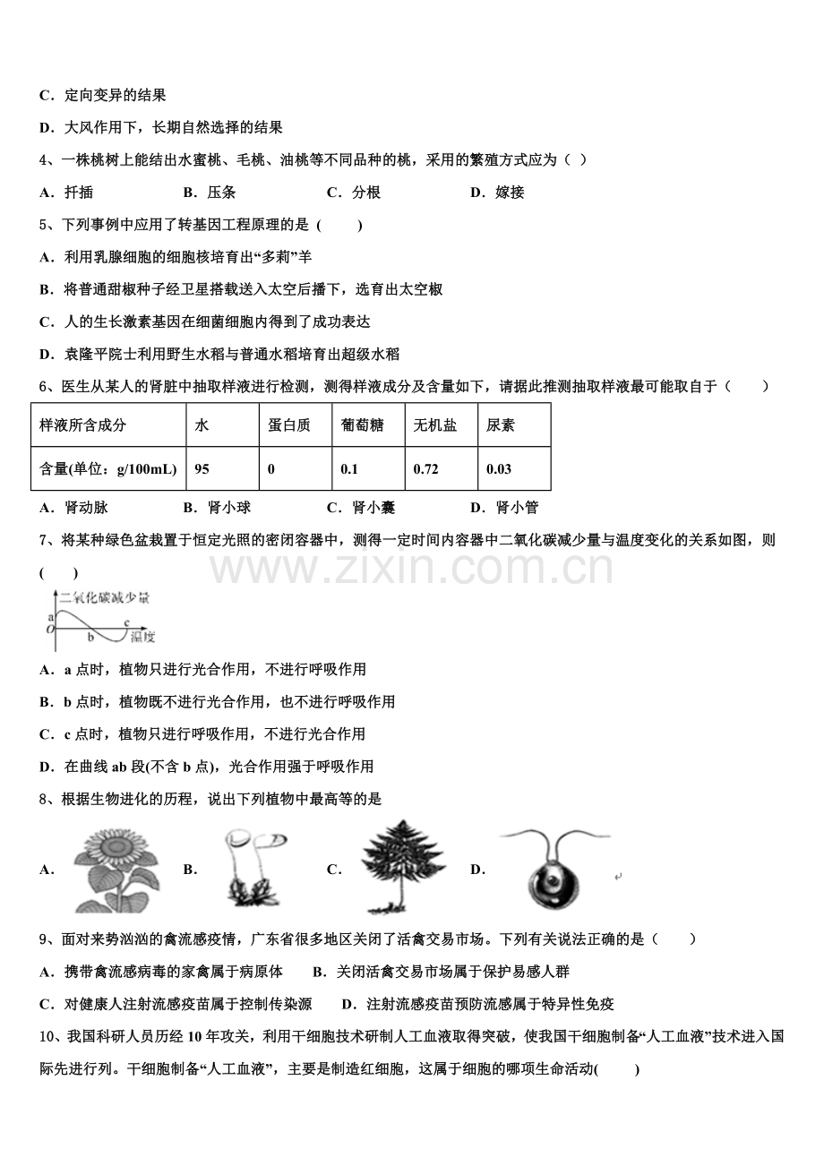 2024-2025学年天津市和平区汇文中学第二学期初三期末调研测试（一模）生物试题试卷含解析.doc_第2页