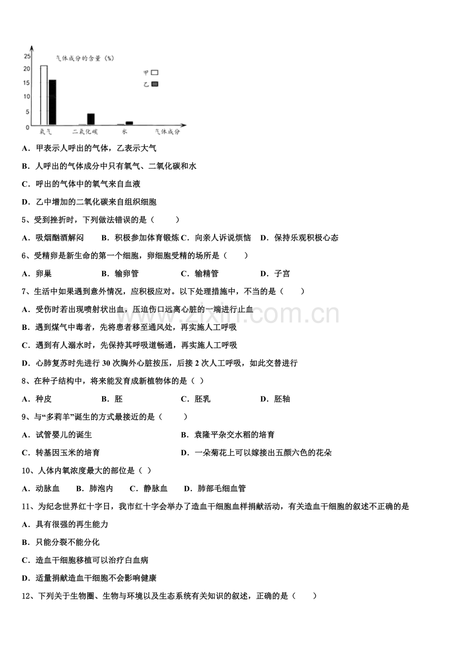 2025届珠海市重点中学初三4月考生物试题文试题含解析.doc_第2页