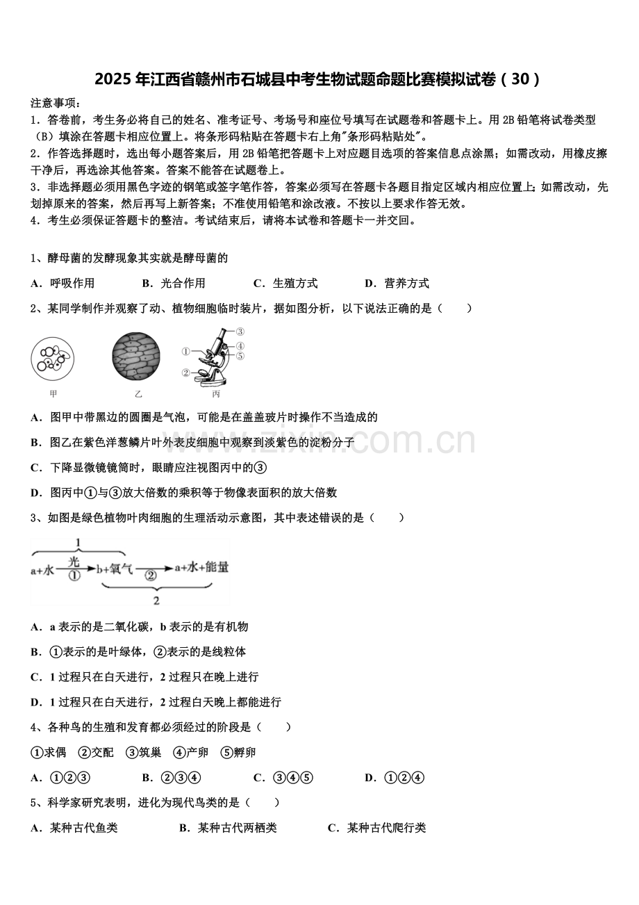 2025年江西省赣州市石城县中考生物试题命题比赛模拟试卷（30）含解析.doc_第1页