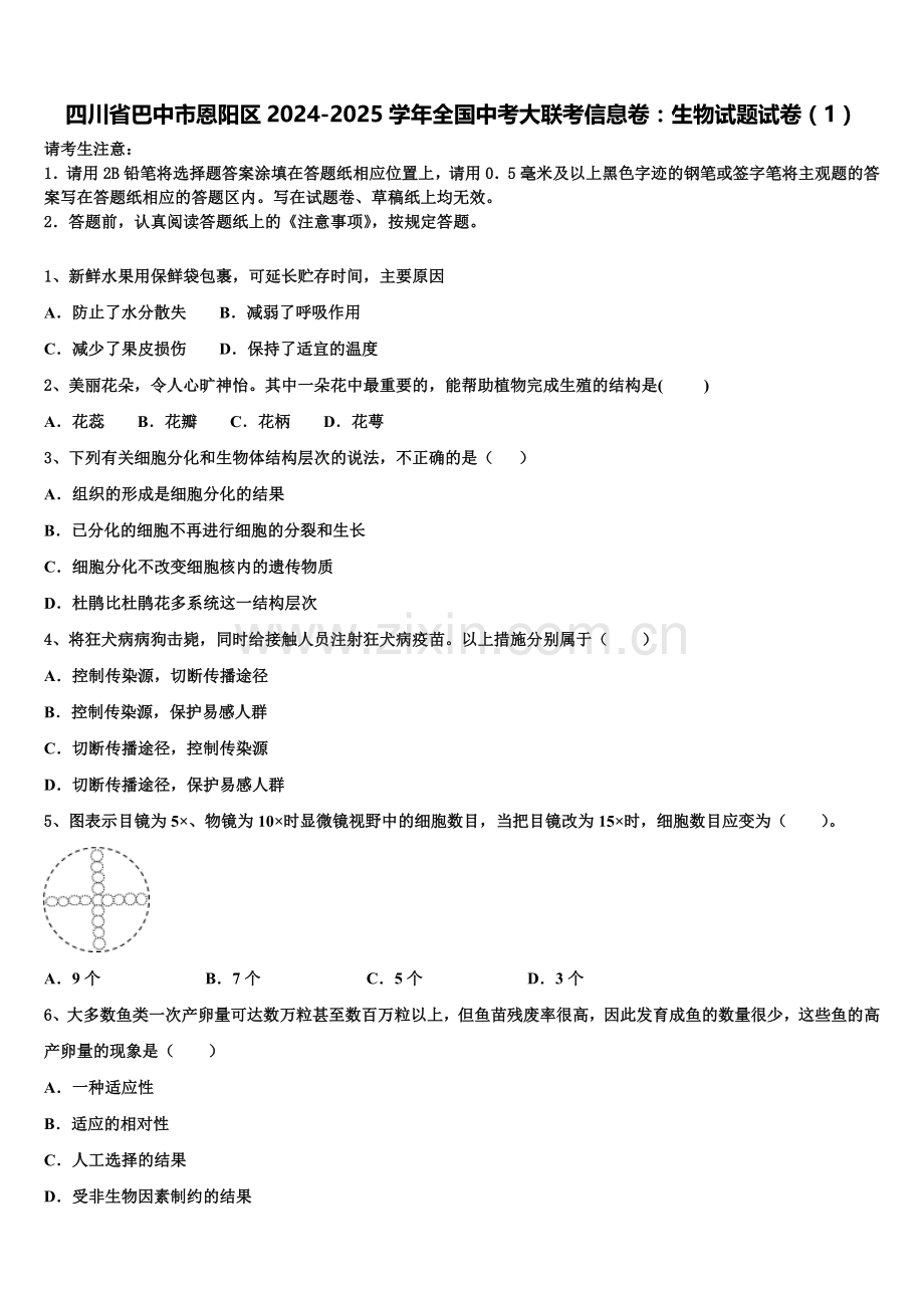 四川省巴中市恩阳区2024-2025学年全国中考大联考信息卷：生物试题试卷（1）含解析.doc_第1页