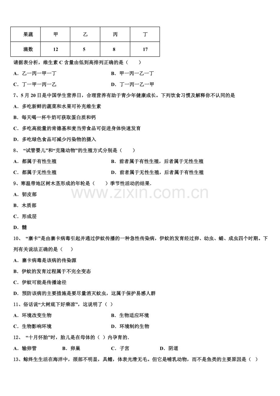 牡丹江市重点中学2025年初三生物试题中考冲刺七含解析.doc_第2页
