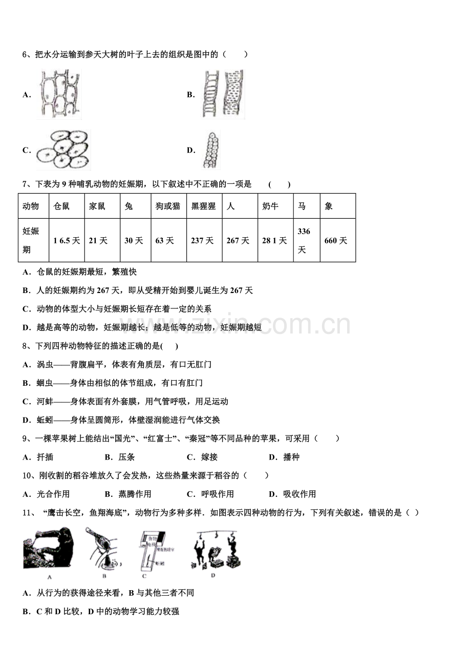 2025年湖北省武汉市新洲区初三7月调研考试生物试题含解析.doc_第2页