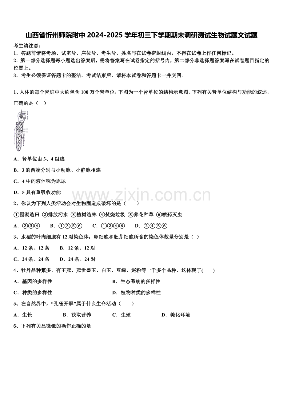 山西省忻州师院附中2024-2025学年初三下学期期末调研测试生物试题文试题含解析.doc_第1页
