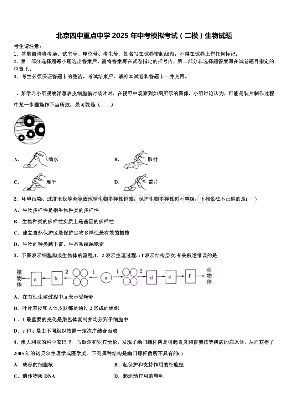 北京四中重点中学2025年中考模拟考试（二模）生物试题含解析.doc_第1页