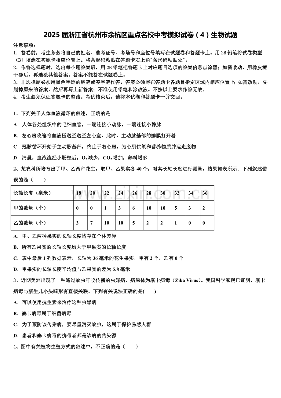 2025届浙江省杭州市余杭区重点名校中考模拟试卷（4）生物试题含解析.doc_第1页