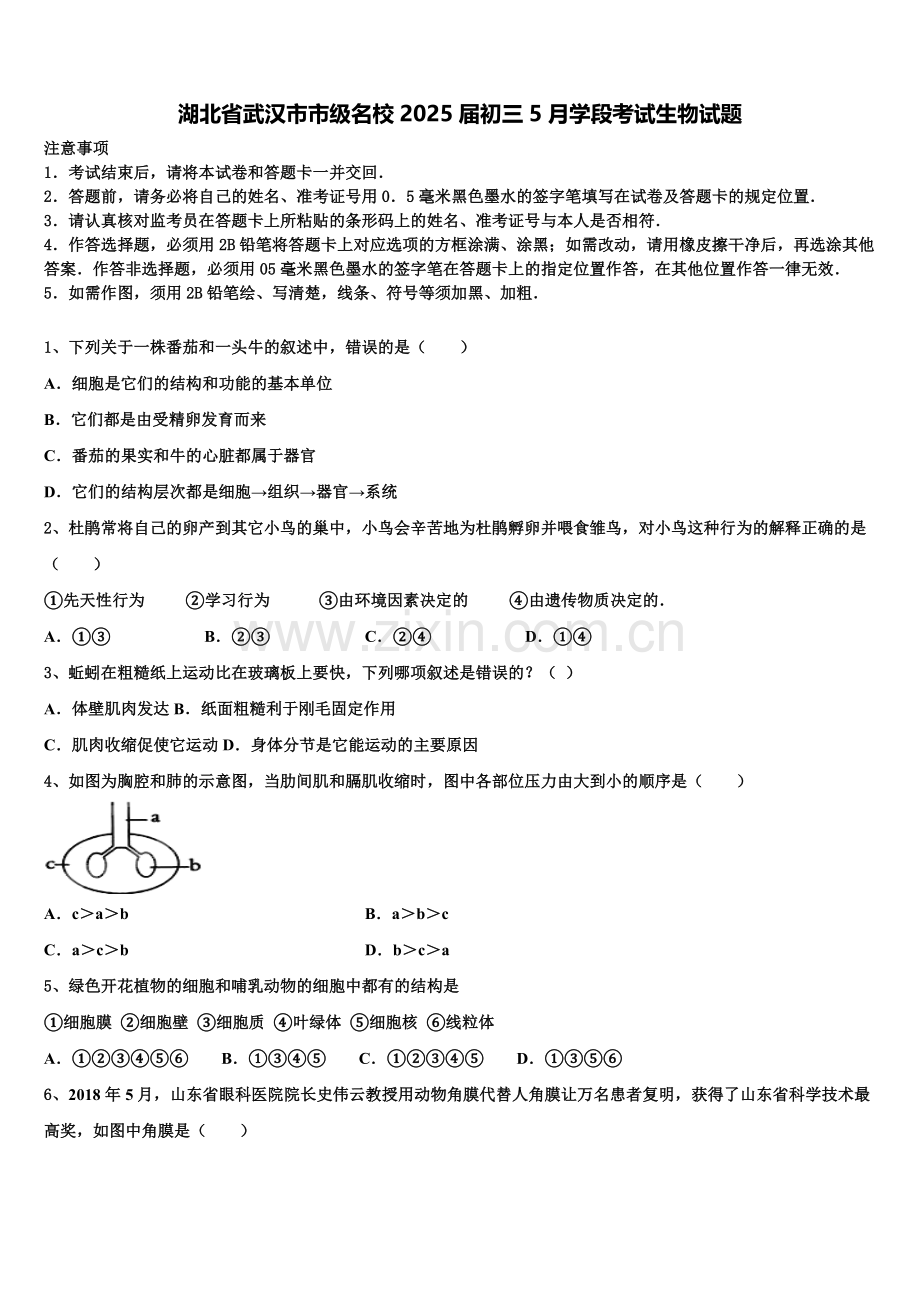 湖北省武汉市市级名校2025届初三5月学段考试生物试题含解析.doc_第1页