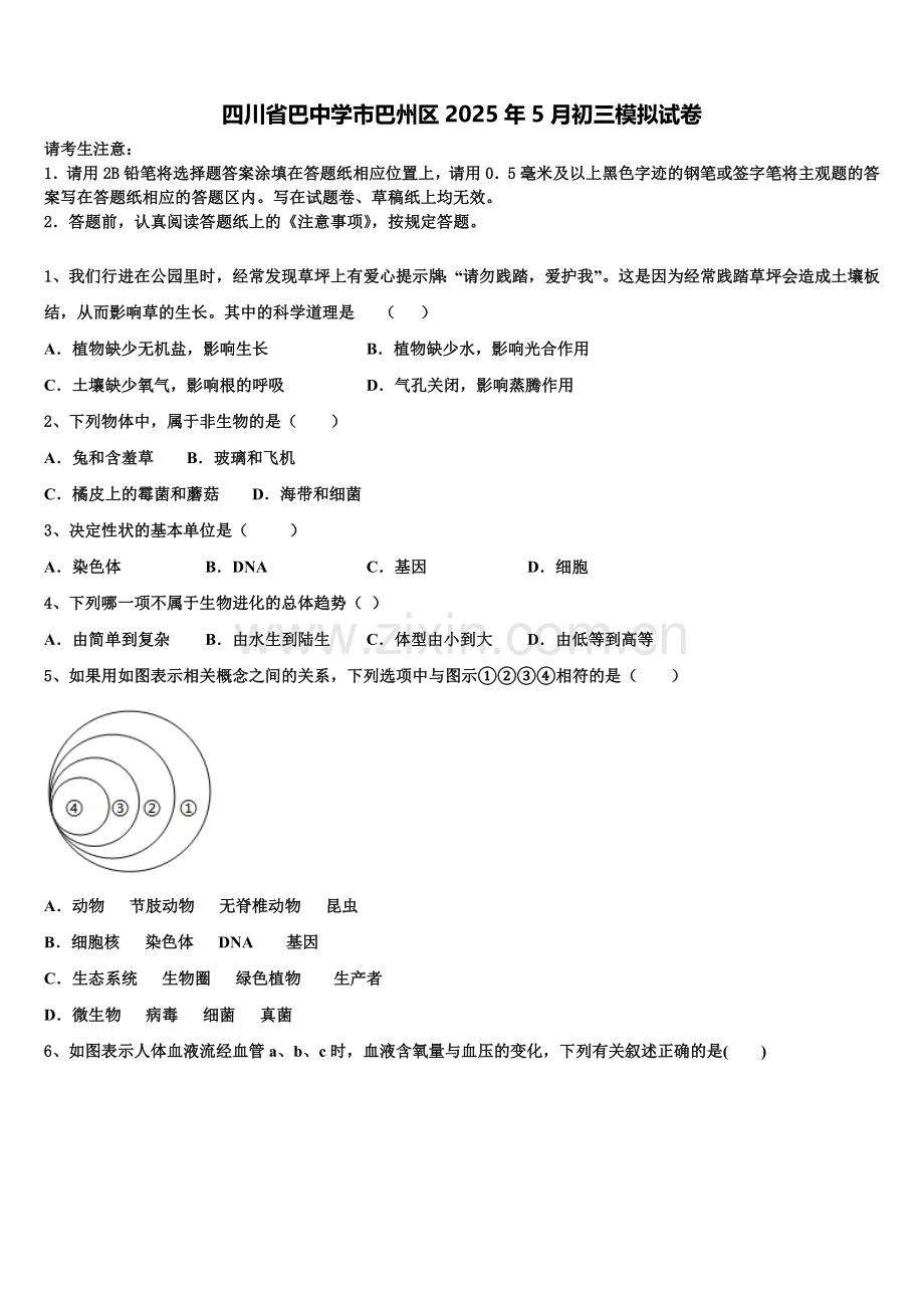 四川省巴中学市巴州区2025年5月初三模拟试卷含解析.doc_第1页