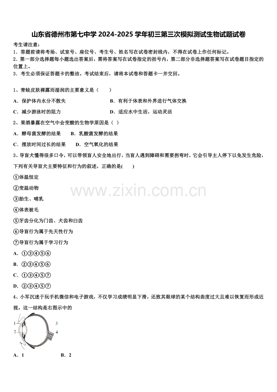 山东省德州市第七中学2024-2025学年初三第三次模拟测试生物试题试卷含解析.doc_第1页