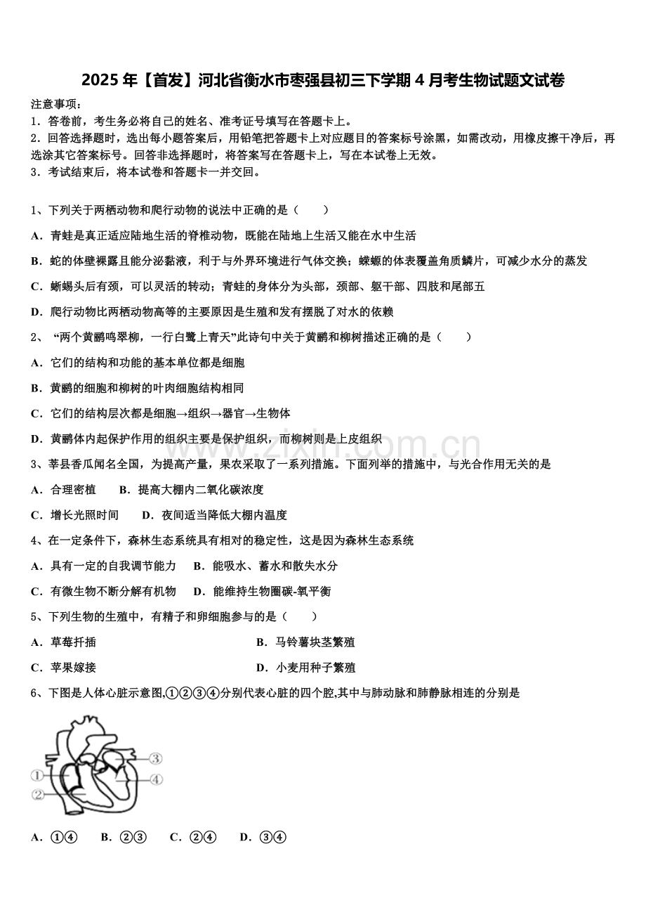 2025年【首发】河北省衡水市枣强县初三下学期4月考生物试题文试卷含解析.doc_第1页