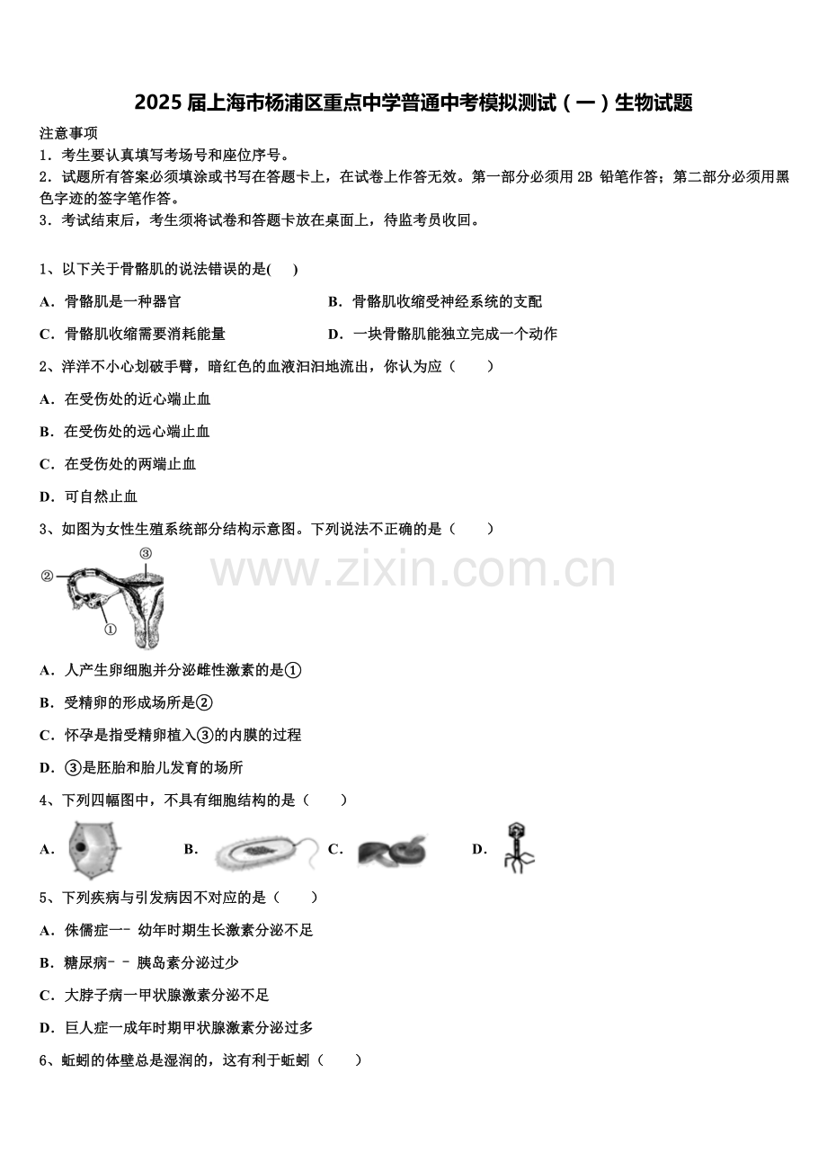 2025届上海市杨浦区重点中学普通中考模拟测试（一）生物试题含解析.doc_第1页