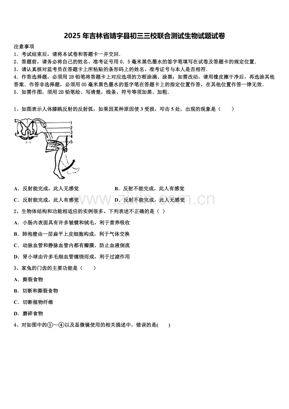 2025年吉林省靖宇县初三三校联合测试生物试题试卷含解析.doc_第1页