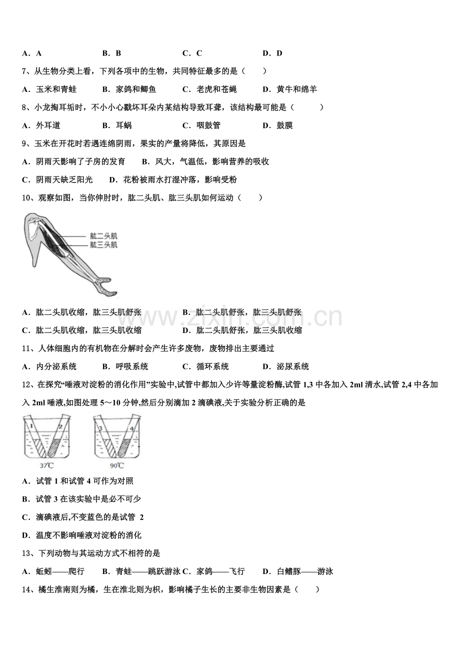 山东省烟台市招远市2025年初三下学期模拟考试（二）生物试题试卷含解析.doc_第2页