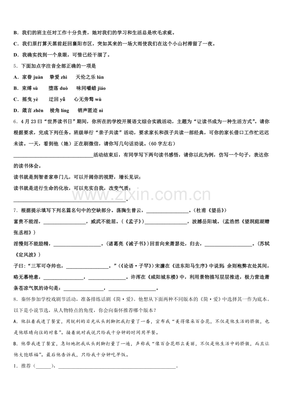 2025年四川省宜宾市叙州区初三下学期期中考试语文试题（文解析）试题含解析.doc_第2页