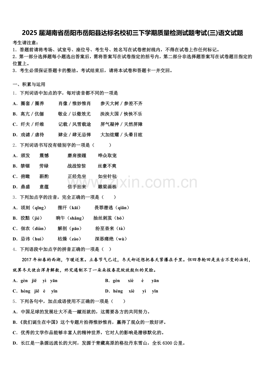 2025届湖南省岳阳市岳阳县达标名校初三下学期质量检测试题考试(三)语文试题含解析.doc_第1页