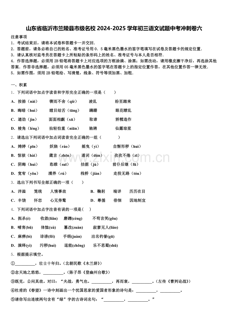 山东省临沂市兰陵县市级名校2024-2025学年初三语文试题中考冲刺卷六含解析.doc_第1页