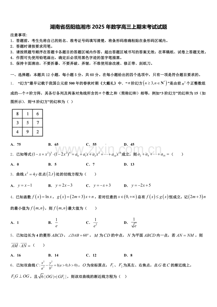 湖南省岳阳临湘市2025年数学高三上期末考试试题.doc_第1页