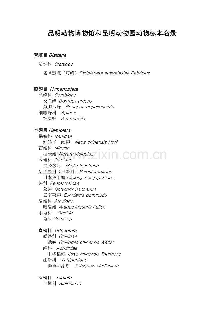昆明动物博物馆和昆明动物园动物名录.doc_第1页
