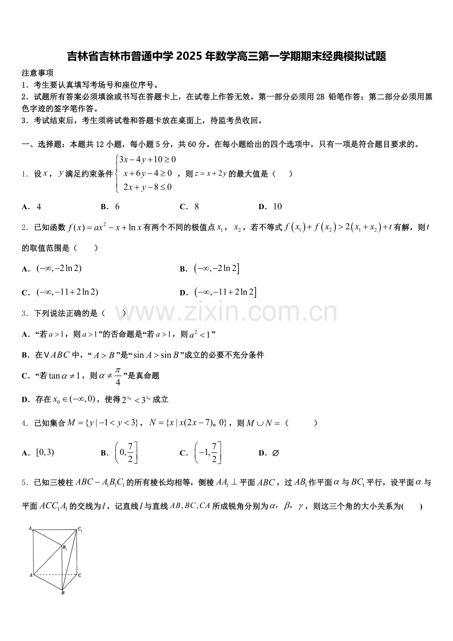 吉林省吉林市普通中学2025年数学高三第一学期期末经典模拟试题.doc_第1页