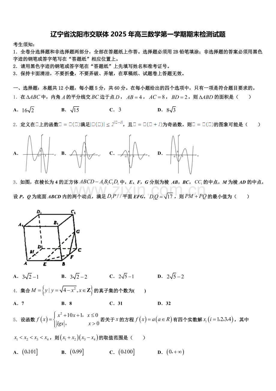 辽宁省沈阳市交联体2025年高三数学第一学期期末检测试题.doc_第1页