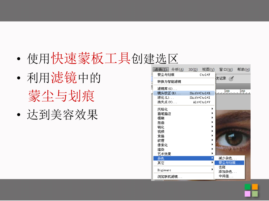 快速蒙板工具 滤镜-蒙尘与划痕 达到美容效果.ppt_第2页
