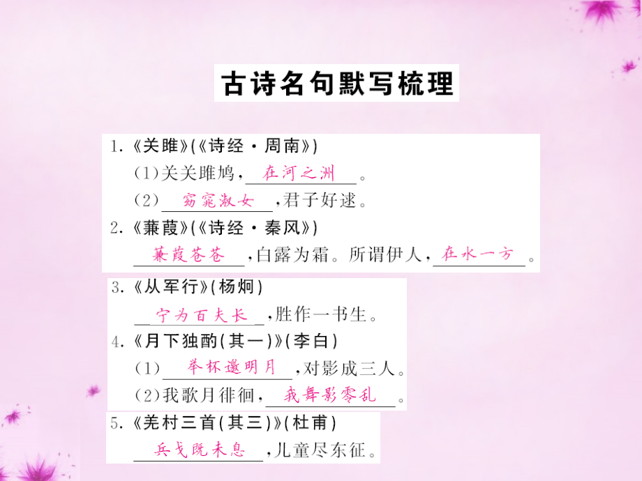 中考语文 第一轮 复习教材 夯基固本 九全 古诗名句默写梳理课件 新人教版 课件.ppt_第1页