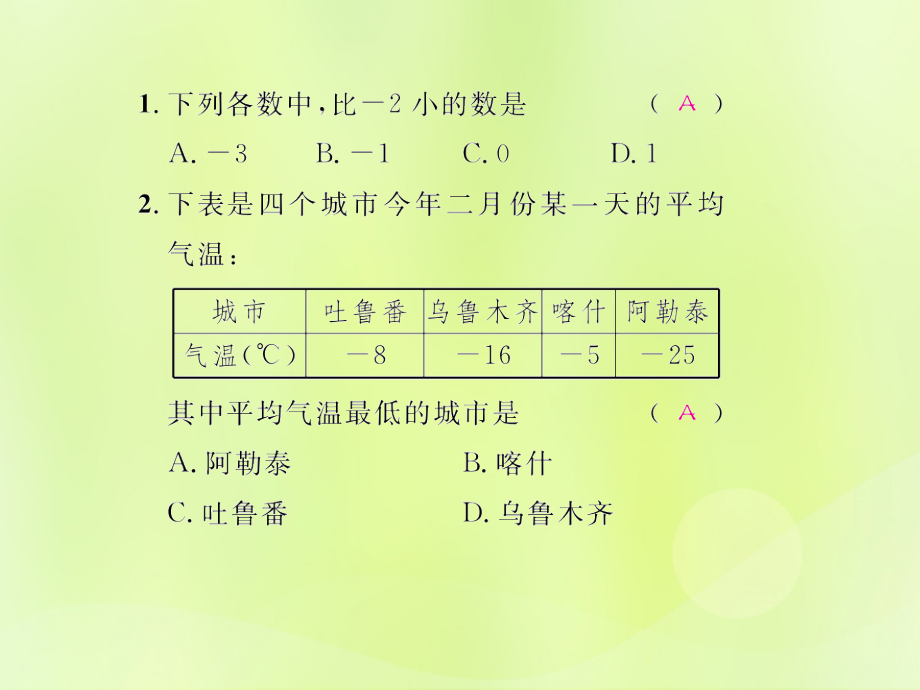 (遵义专版)七年级数学上册 第一章 有理数 1.2 有理数 1.2.4 绝对值 第2课时 有理数的大小比较课后作业课件 (新版)新人教版 课件.ppt_第2页