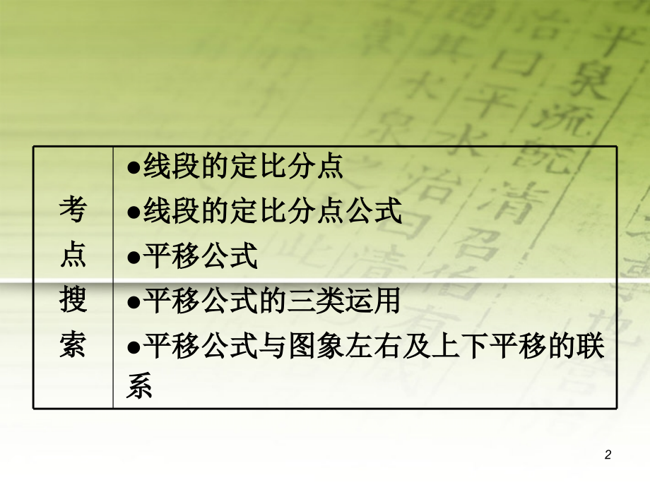 高考数学第1轮总复习 全国统编教材 5.4线段的定比分点与图形的平移(第1课时)课件 理 课件.ppt_第2页