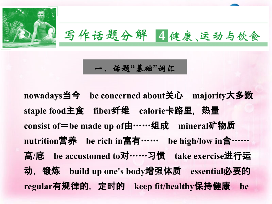 高中英语 写作话题分解 健康、运动与饮食课件 新人教版 课件.ppt_第1页