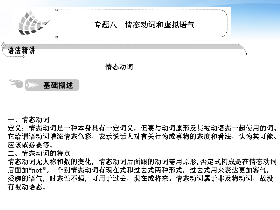高考英语一轮复习 专题8 情态动词和虚拟语气课件 人教版 课件.ppt_第1页
