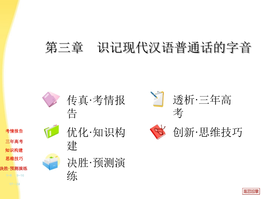 高三语文 第三章 识记现代汉语普通话的字音复习考案教师课件 大人教纲版 课件.ppt_第1页