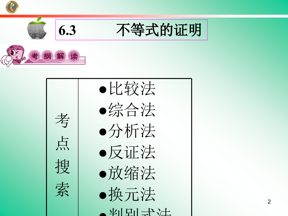 高考数学第一轮总复习6.3不等式的证明(第1课时)课件 文 (广西专版) 课件.ppt_第2页
