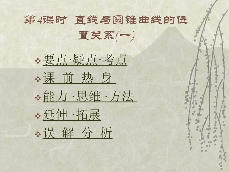高中数学基础复习 第八章 圆锥曲线方程 第4课时直线与圆锥曲线的位置关系(一) 试题.ppt_第1页