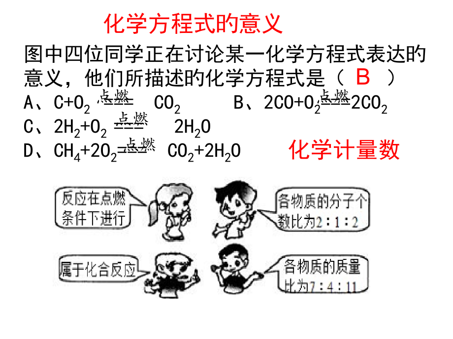 图中四位同学正在讨论某一化学方程式表示的意义他们所描.pptx_第1页