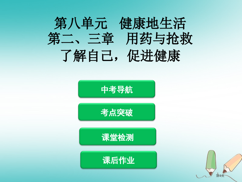中考生物第八单元第二三章用药与急救了解自己增进健康复习材料市赛课公开课一等奖省名师优质课获奖课.pptx_第1页