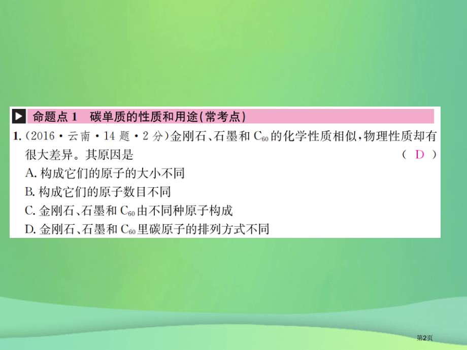 中考化学总复习教材考点梳理第六单元碳和碳的氧化物资料市赛课公开课一等奖省名师优质课获奖课件.pptx_第2页