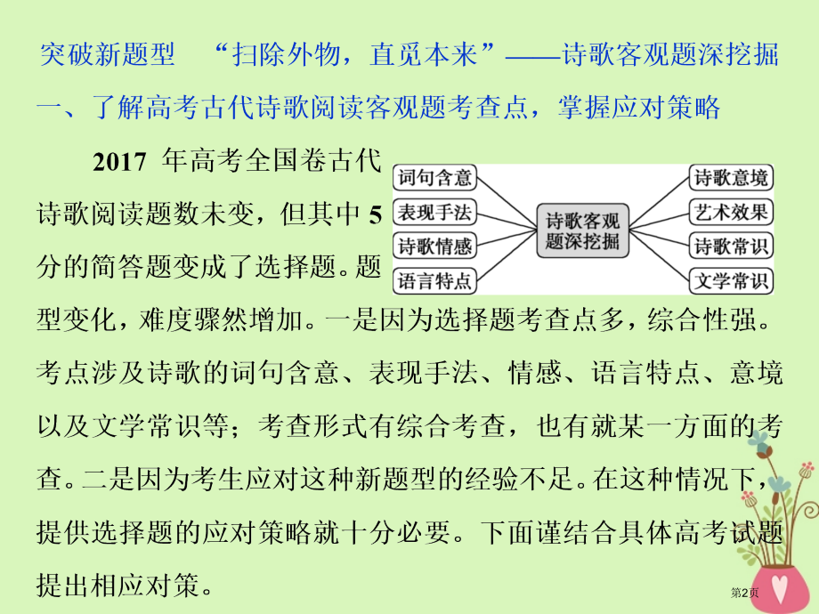 高考语文总复习第四部分古代诗文阅读专题二古代诗歌鉴赏-文坛奇葩诗词曲彩笔写就断肠句4题型突破掌握技巧.pptx_第2页