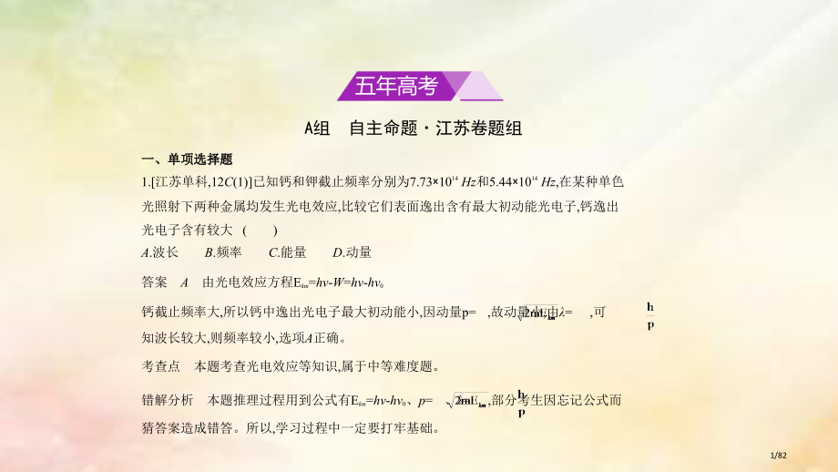 高考物理复习专题十六波粒二象性原子物理习题市赛课公开课一等奖省名师优质课获奖课件.pptx_第1页