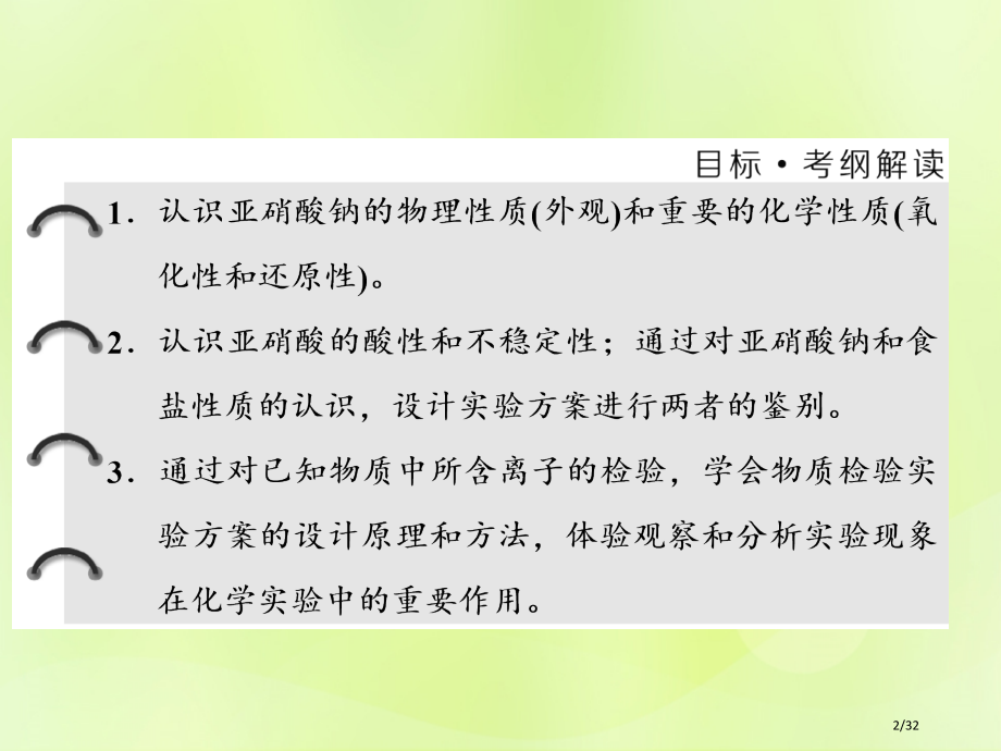 高中化学专题3物质的检验与鉴别课题2亚硝酸钠和食盐的鉴别省公开课一等奖新名师优质课获奖课件.pptx_第2页