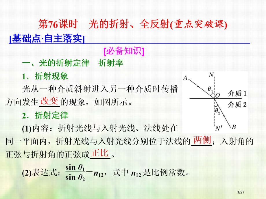 高考物理总复习第十四章波与相对论第76课时光的折射全反射重点突破课选修市赛课公开课一等奖省名师优质课.pptx_第1页