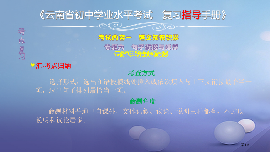 中考语文专题六句子的衔接与排序复习省公开课一等奖百校联赛赛课微课获奖PPT课件.pptx_第1页