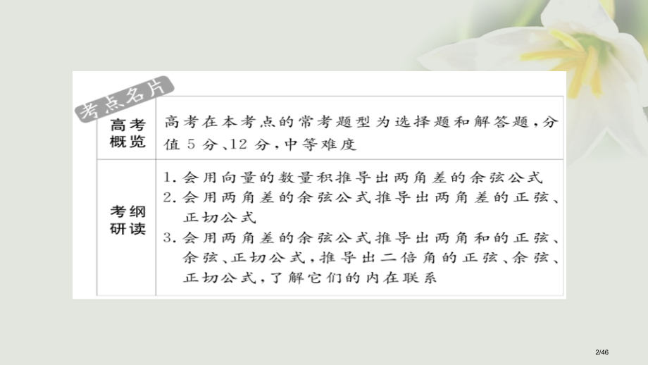 高考数学考点第三章三角函数解三角形与平面向量21两角和与差的正弦余弦和正切公式市赛课公开课一等奖省名.pptx_第2页