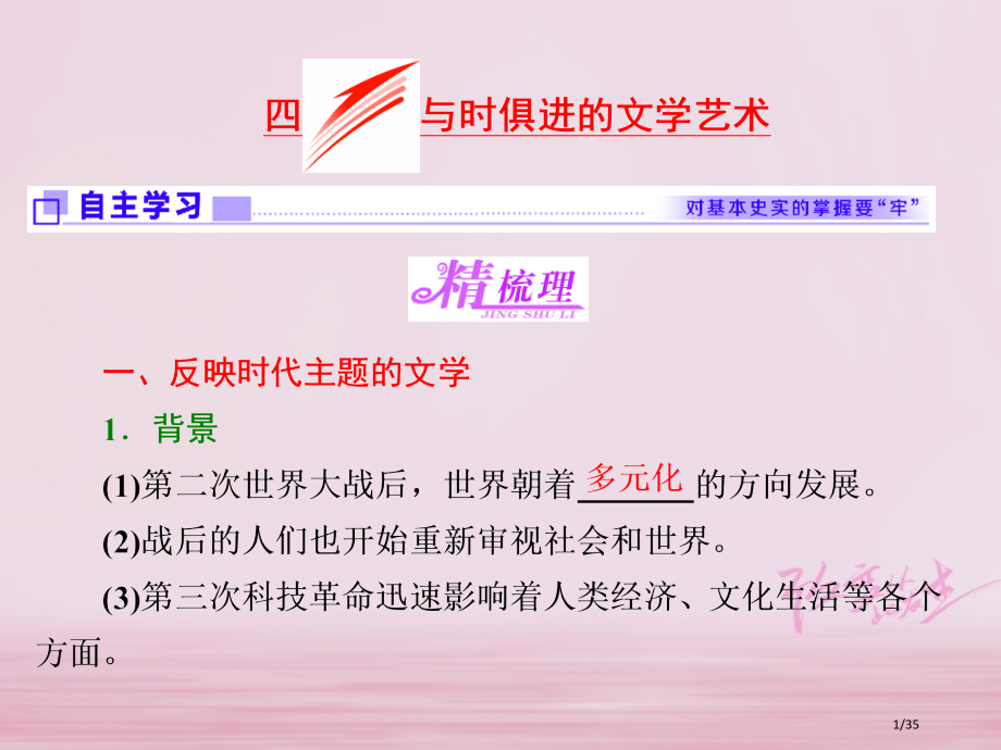 高中历史专题八19世纪以来的文学艺术四与时俱进的文学艺术省公开课一等奖新名师优质课获奖PPT课件.pptx_第1页