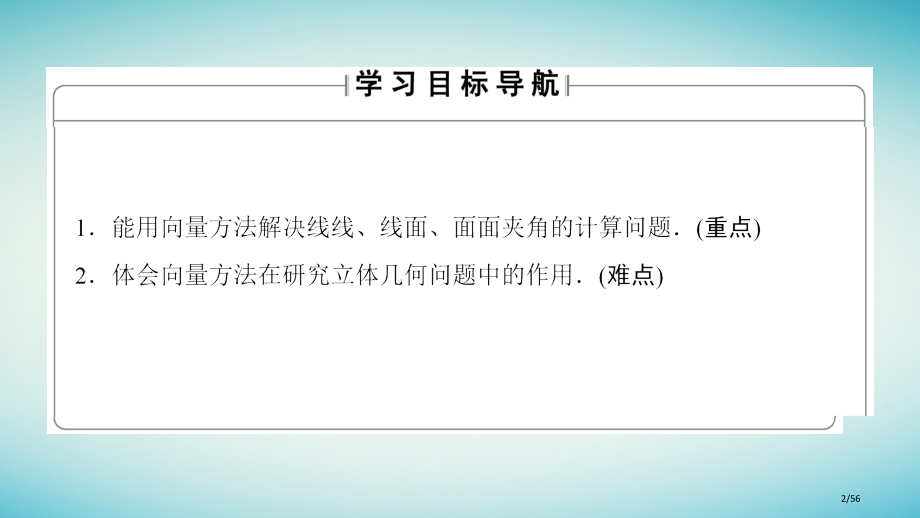高中数学第二章空间向量与立体几何2.5夹角的计算省公开课一等奖新名师优质课获奖PPT课件.pptx_第2页