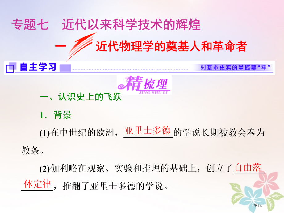 高中历史专题七近代以来科学技术的辉煌一近代物理学的奠基人和革命者省公开课一等奖新名师优质课获奖PPT.pptx_第1页