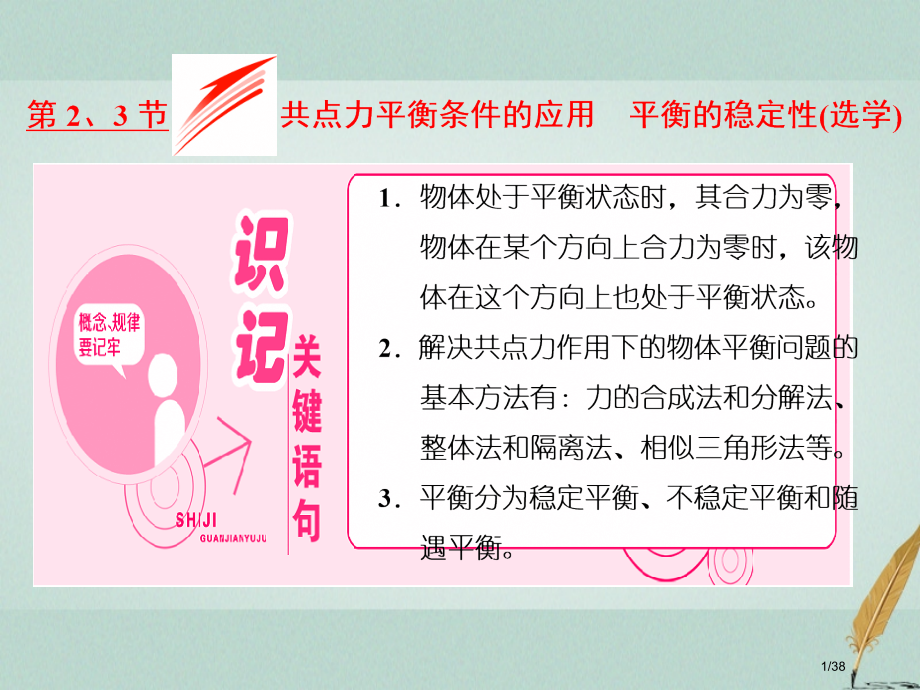 高中物理第四章物体的平衡第2节共点力平衡条件的应用第3节平衡的稳定性选学省公开课一等奖新名师优质课获.pptx_第1页