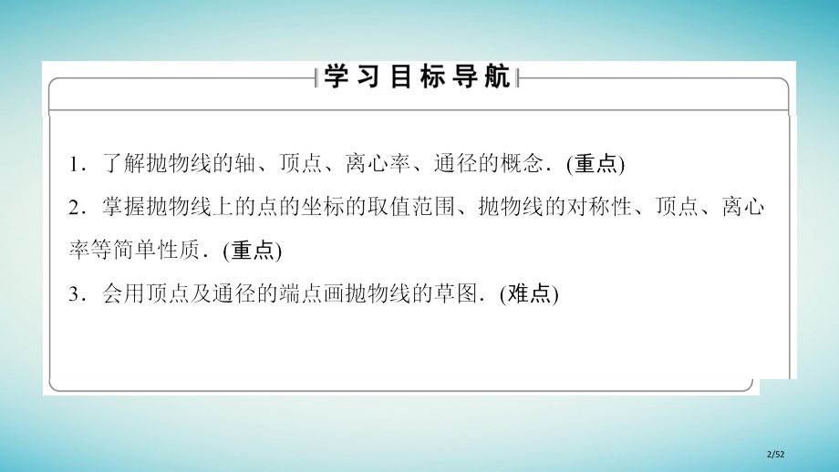 高中数学第三章圆锥曲线与方程3.2.2抛物线的简单性质省公开课一等奖新名师优质课获奖PPT课件.pptx_第2页
