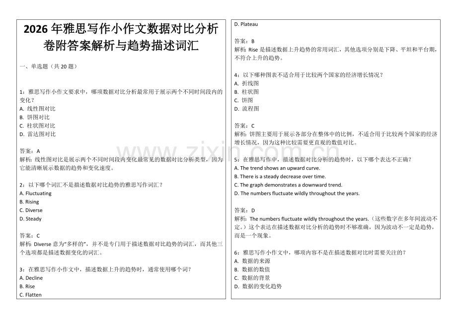 2026年雅思写作小作文数据对比分析卷附答案解析与趋势描述词汇.docx_第1页