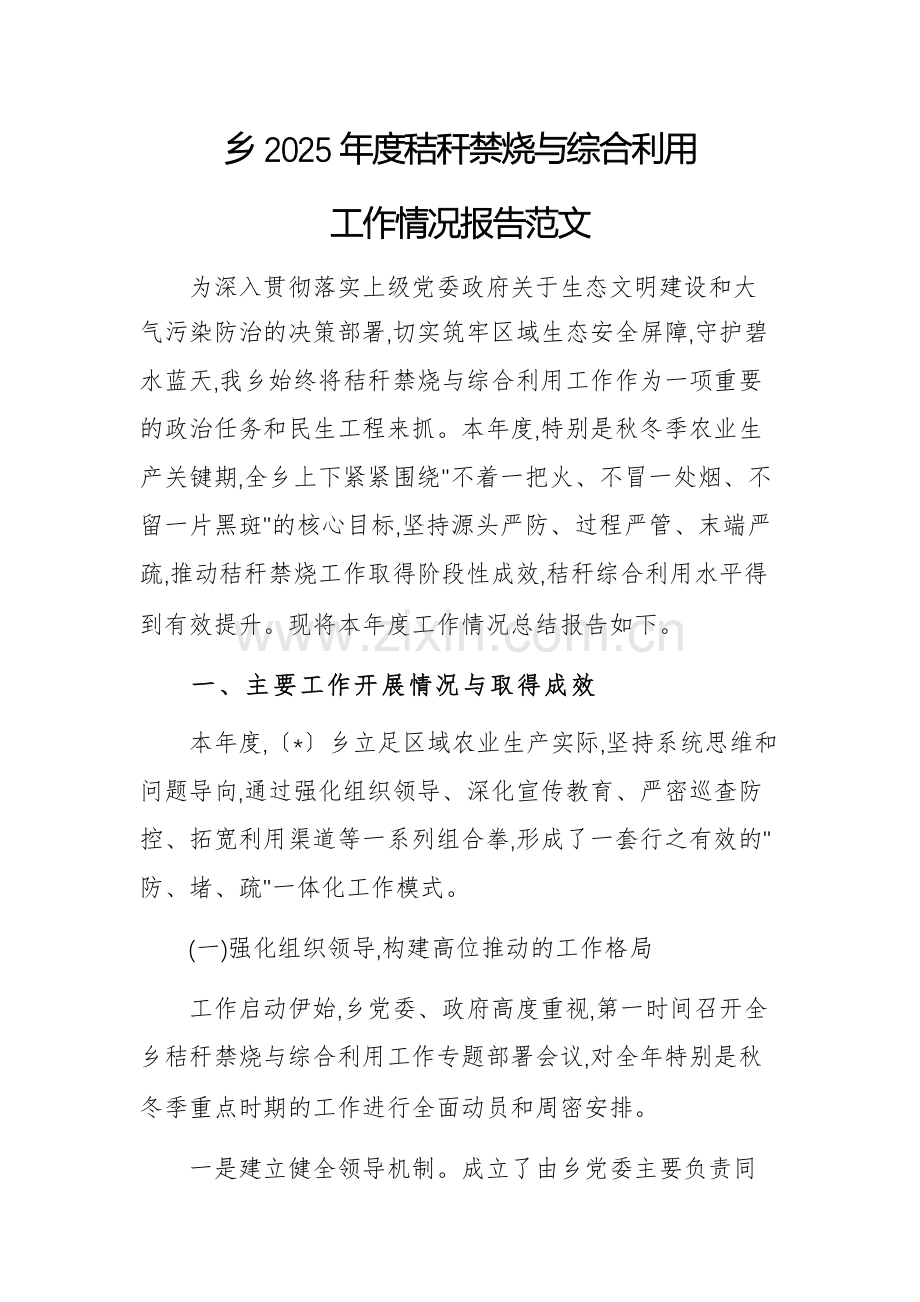 乡2025年度秸秆禁烧与综合利用工作情况报告范文.docx_第1页