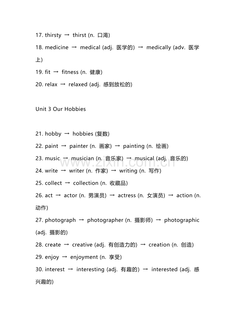 人教版八年级上册Unit1-8各单元英语词性转换默写（附答案）.docx_第2页